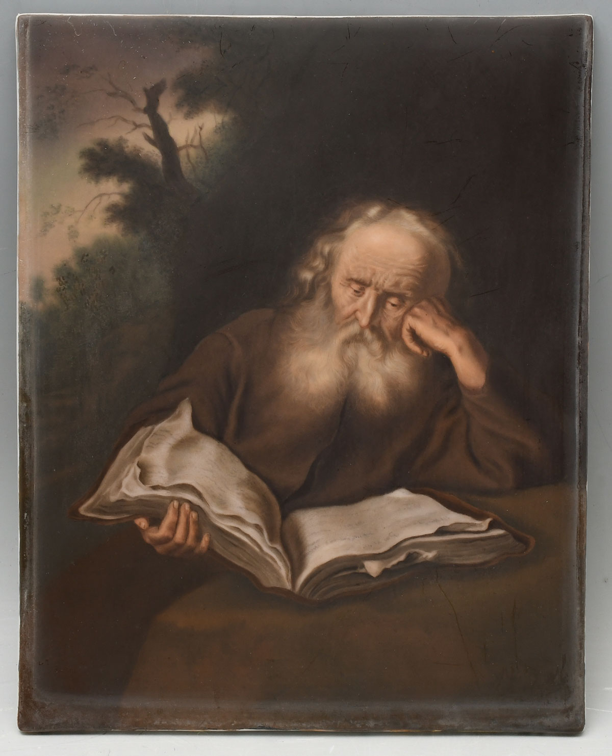 Appraisal: KPM PAINTED PORCELAIN PLAQUE ST JEROME READING '' x ''