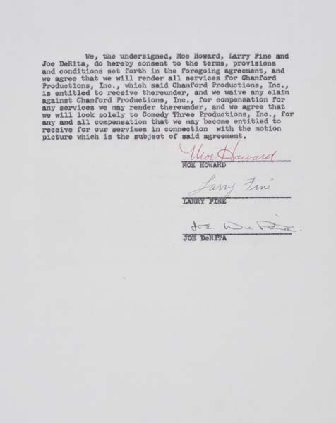 Appraisal: THE THREE STOOGES Contract signed by Moe Howard Larry Fine