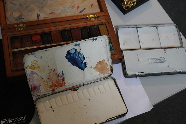 Appraisal: A VICTORIAN MAHOGANY CASED PAINTBOX and two later watercolour sets