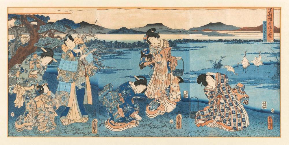 Appraisal: UTAGAWA KUNISADA JAPAN - TRIPTYCH DEPICTING FIVE BEAUTIES IN A