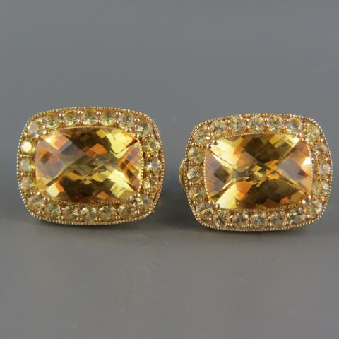 Appraisal: Yellow Sapphire Citrine Earrings elaborate cushion cut citrine surrounded by