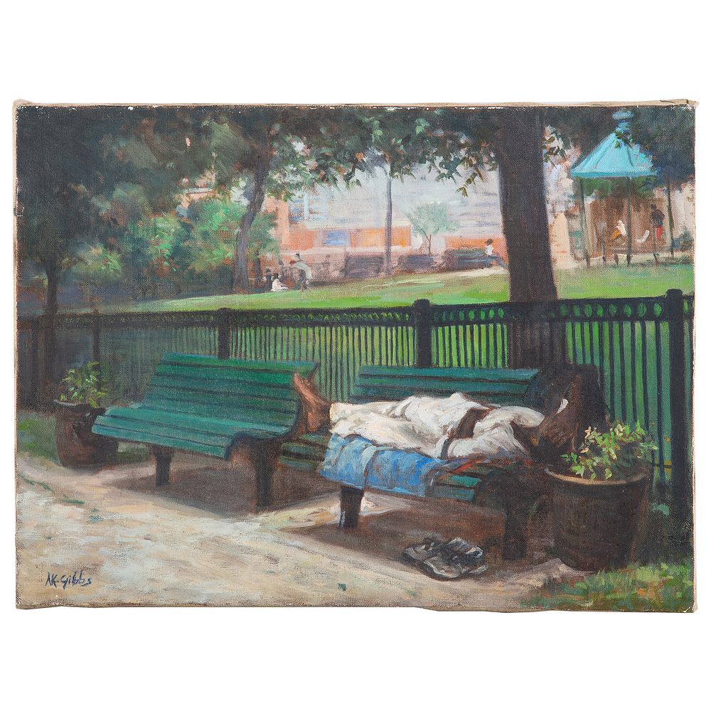 Appraisal: Nathaniel K Gibbs Relaxation on Park Bench oil American -