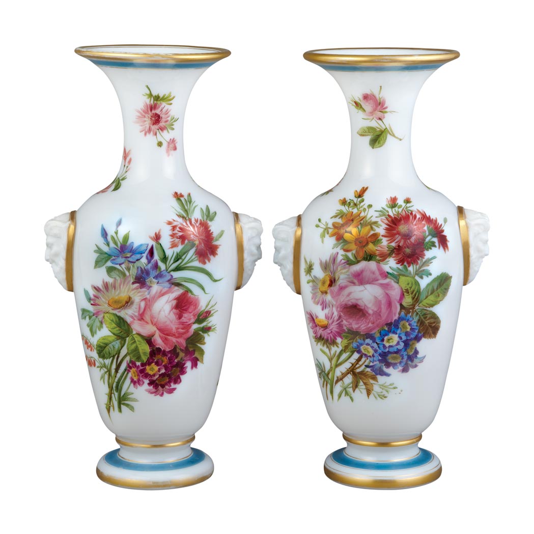 Appraisal: Pair of Baccarat Gilt and Polychrome Decorated White Opaline Glass