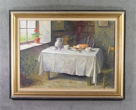 Appraisal: Oil on Canvas Interior scene with kitchen table loaf of