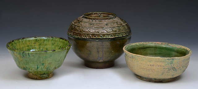 Appraisal: TWO CHINESE GREEN GLAZED BOWLS Han dynasty cm and a