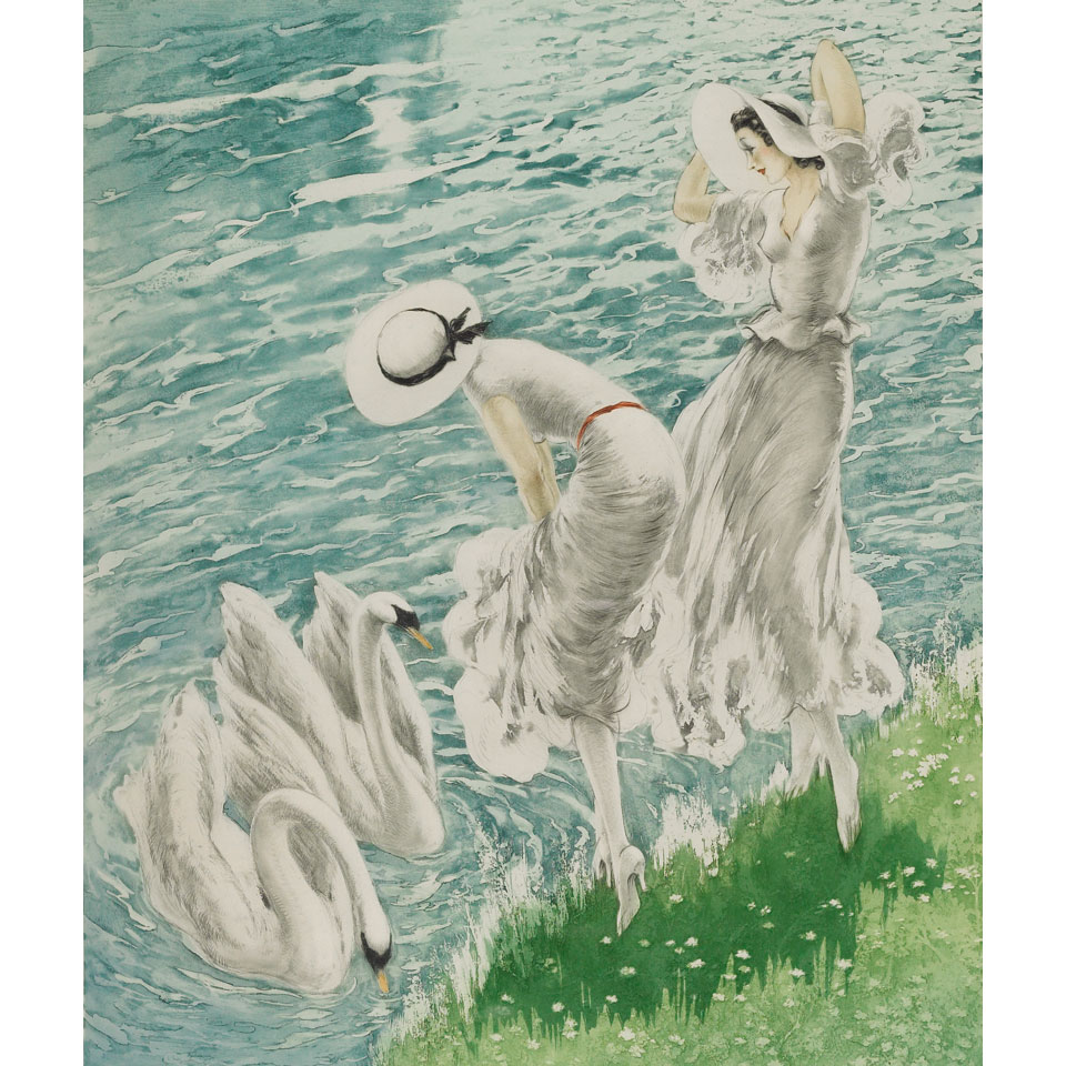 Appraisal: Louis Icart - French SWANS Colour etching aquatint and drypoint