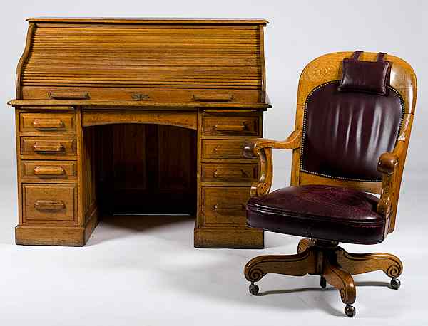 Appraisal: 'S'' Rolltop Desk with Chair American th century an ''S''