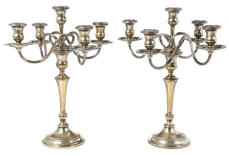 Appraisal: Pair of Weighted Sterling Candelabra American th century four scroll