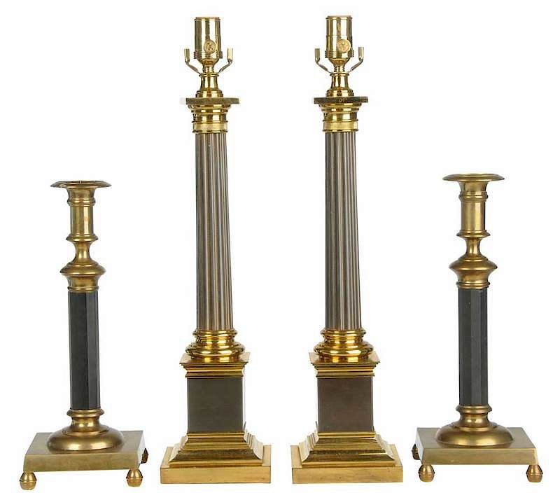 Appraisal: Two Pairs Empire Style Candlesticks Lamps th century pair brass