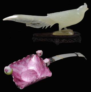 Appraisal: Lotus with Hardstone Handle and a Carved Hardstone Phoenix Chinese