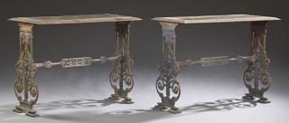 Appraisal: Pair of American Style Cast Iron Marble Top Garden Tables