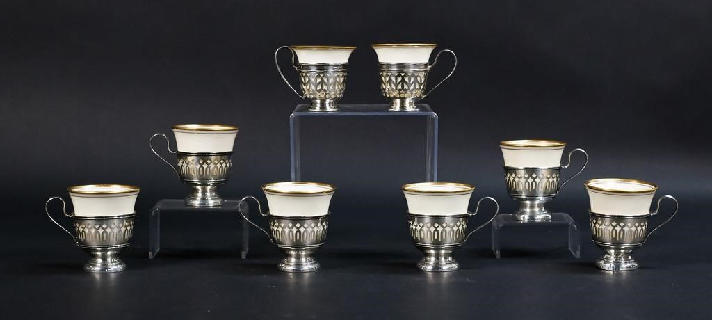 Appraisal: sterling silver demitasse cups with Lenox green mark porcelain inserts