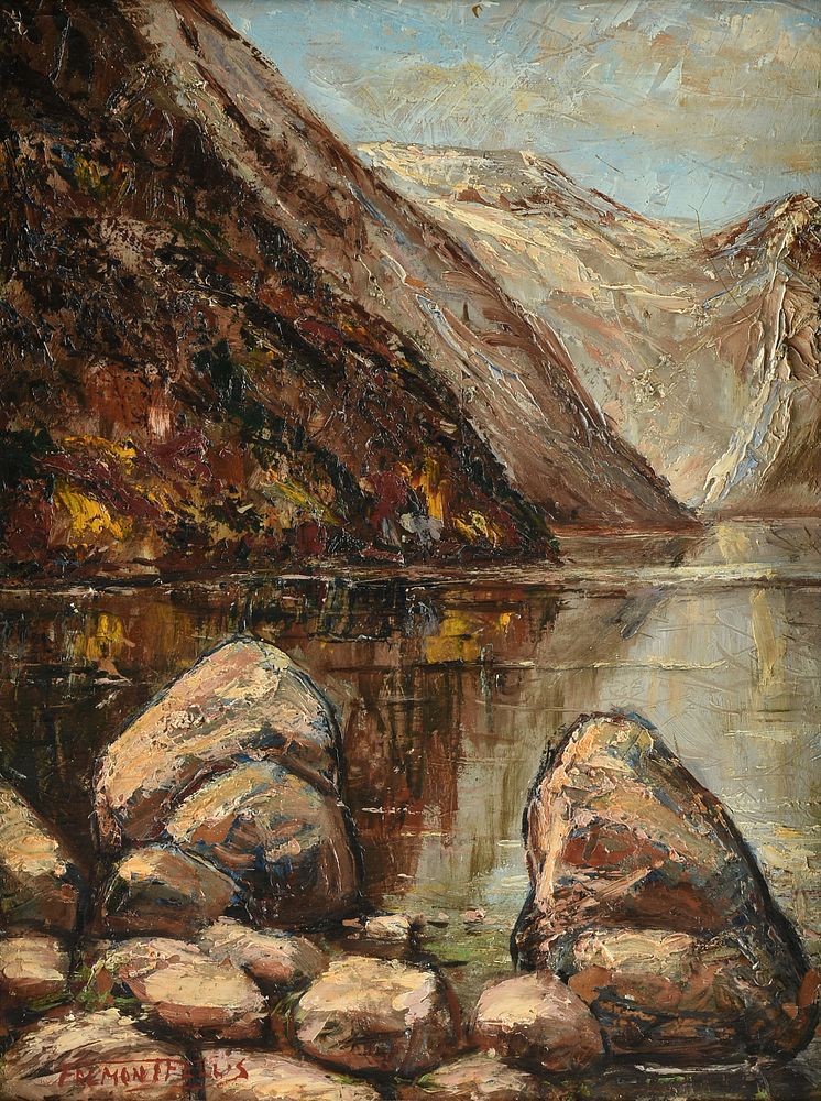 Appraisal: FREMONT ELLIS American - A PAINTING Boulders by Lakeside Mountainscape