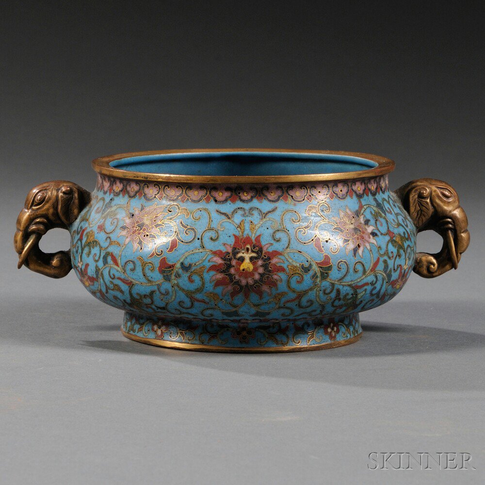 Appraisal: Cloisonne Censer China th century or later with two elephant-head-shaped