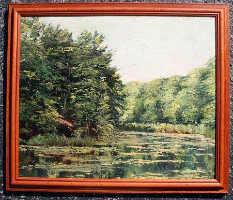 Appraisal: IMPRESSIONIST PAINTING OF WOODED STREAM Oil Board '' x ''