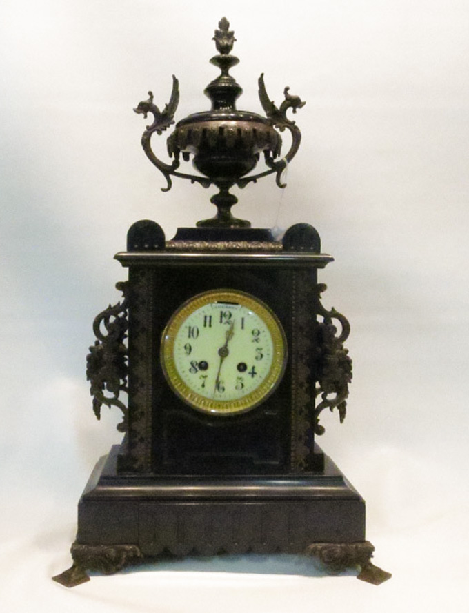 Appraisal: FRENCH BLACK MARBLE MANTEL CLOCK the case with applied bronze