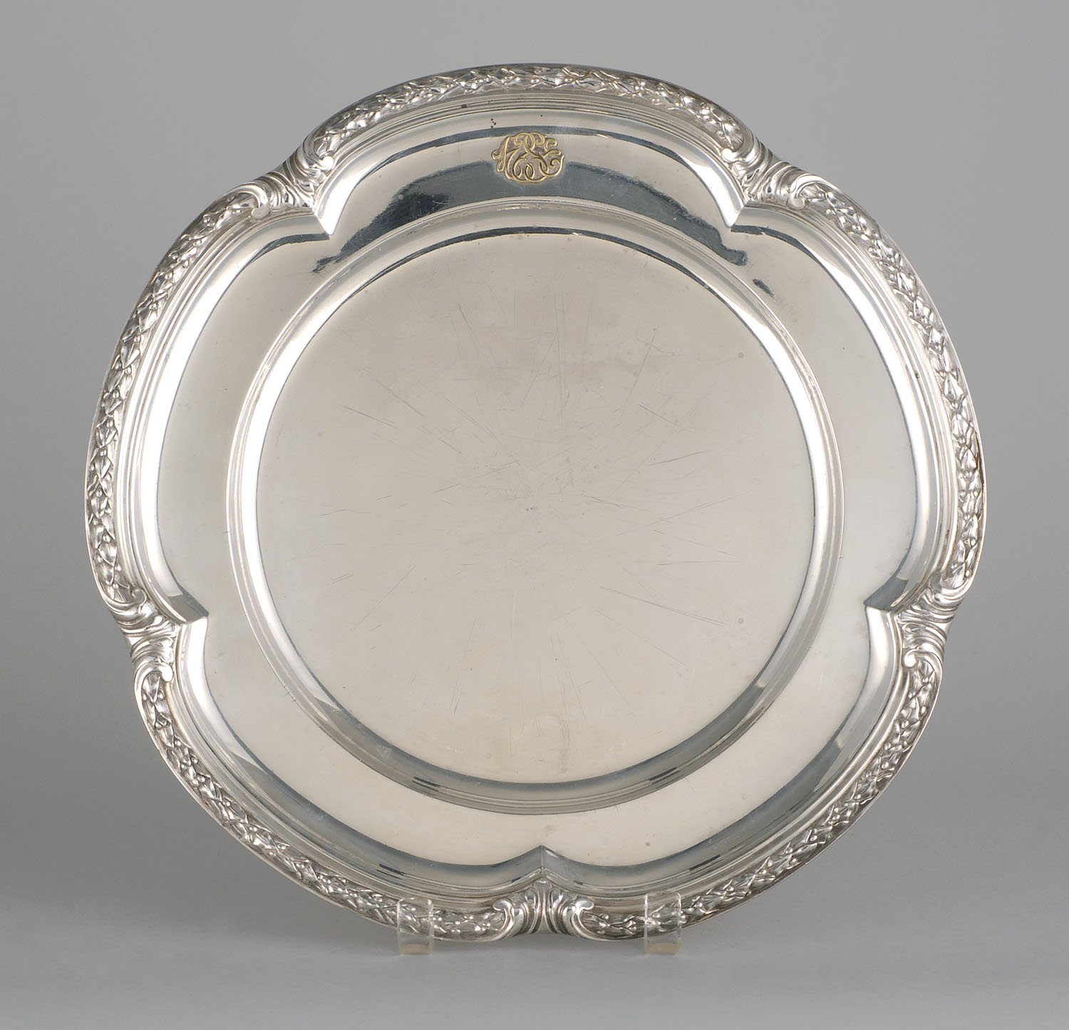 Appraisal: FRENCH FINE SILVER CIRCULAR TRAY With applied bellflower border and