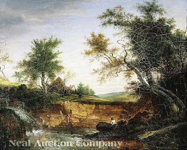 Appraisal: English School th c Salmon Fishing in The Ravine oil