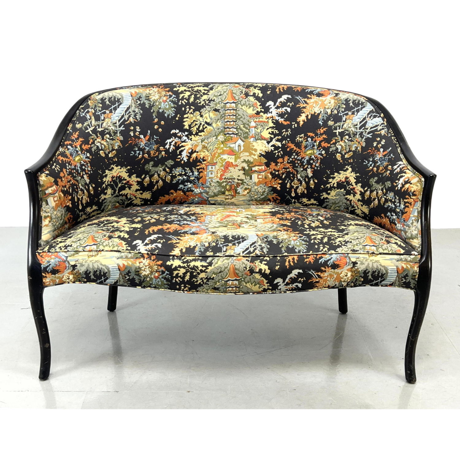 Appraisal: Ebonized Frame Floral Upholstered Love Seat Dimensions H inches W