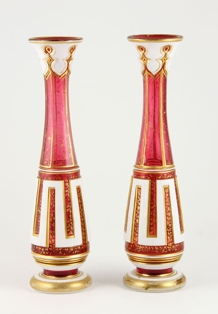 Appraisal: - Pr Red and White Bohemian Vases Pair of red