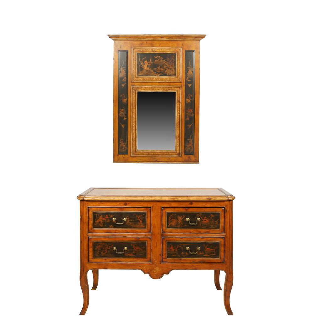 Appraisal: FRENCH PROVINCIAL STYLE COMMODE MIRROReach painted with chinoiserie decoration Condition