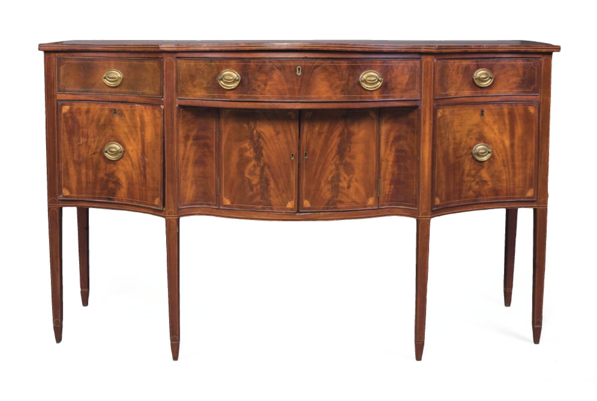 Appraisal: PORTSMOUTH NEW HAMPSHIRE HEPPLEWHITE INLAID MAHOGANY SIDEBOARD The rectangular top