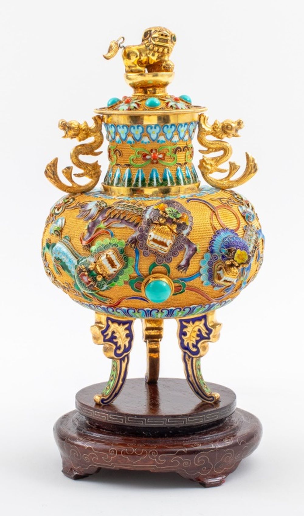 Appraisal: CHINESE VERMEIL ENAMEL COVERED TRIPOD CENSER Chinese vermeil tripod urn