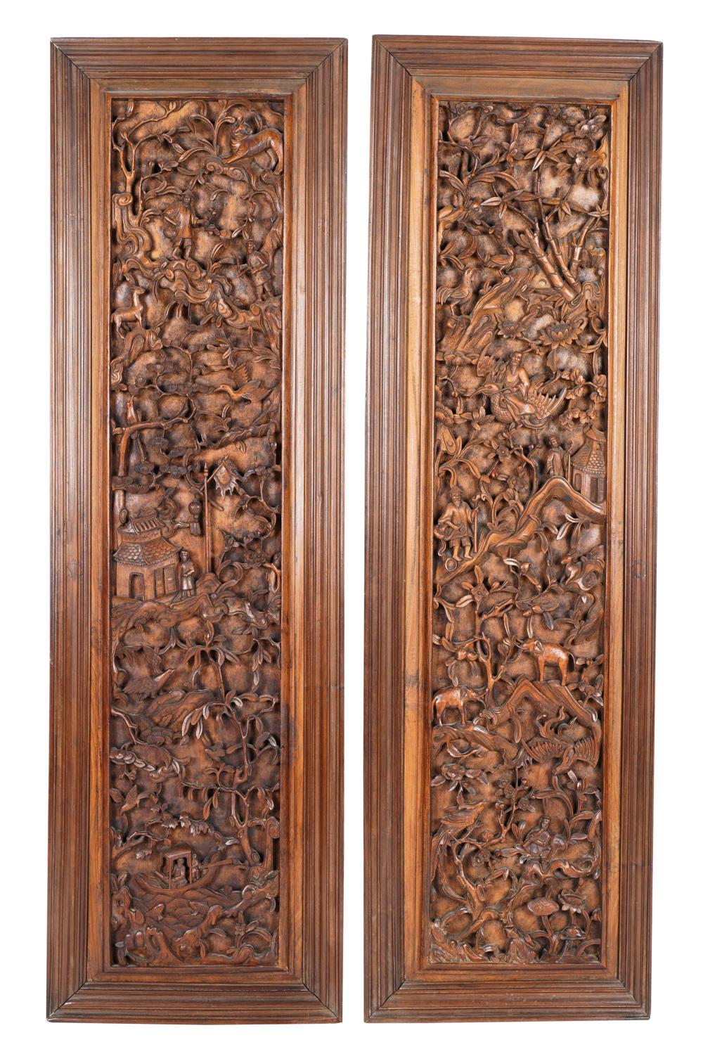 Appraisal: PAIR OF SOUTHEAST ASIAN RELIEF-CARVED WOOD PANELSeach depicting figures and