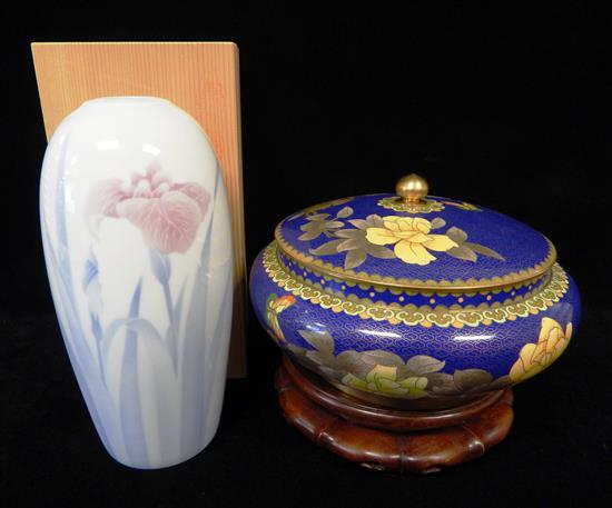 Appraisal: ASIAN two pieces cloisonn covered dish on stand yellow blossoms