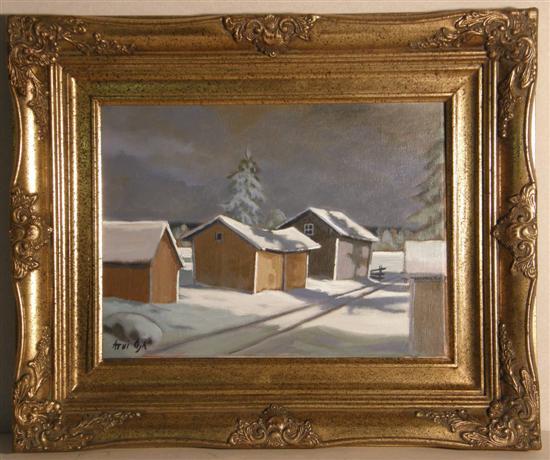 Appraisal: Arvi Oja Finnish modern huts in a snowy landscape signed