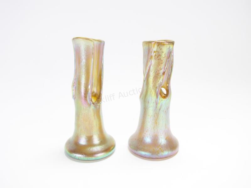 Appraisal: Pair of Loetz Iridescent Glass Stem Vases oil spot finish