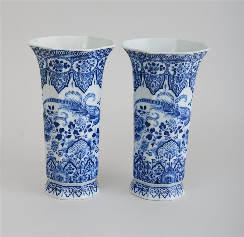 Appraisal: PAIR OF DUTCH BLUE AND WHITE DELFT OCTAGONAL VASES MODERN