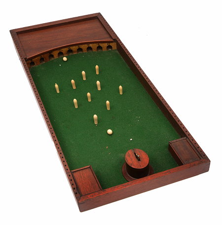 Appraisal: A TH CENTURY MAHOGANY CASED BAGATELLE TYPE GAME with baize