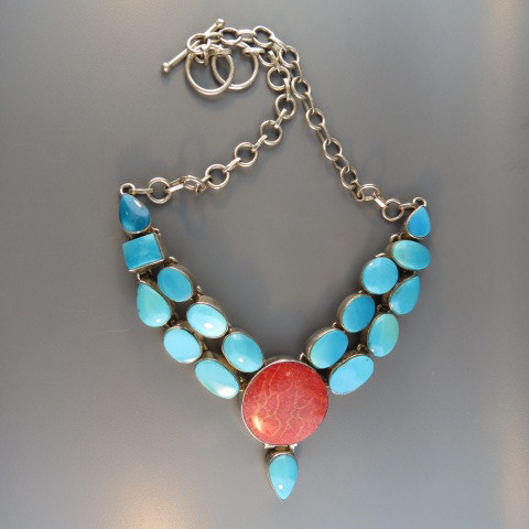 Appraisal: Coral and Turquoise Sterling Necklace rich colors up to long