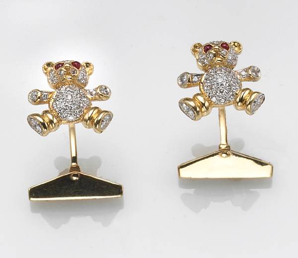 Appraisal: A pair of diamond ruby and k gold teddy bear