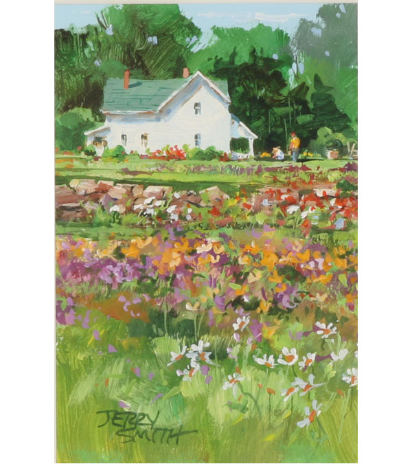 Appraisal: Jerry Smith American b summer landscape with farmhouse and wildflowers