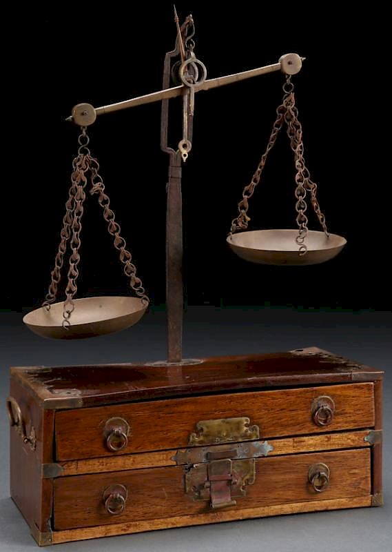 Appraisal: A BRONZE SCALE MOUNTED ON A WOOD BOX A BRONZE