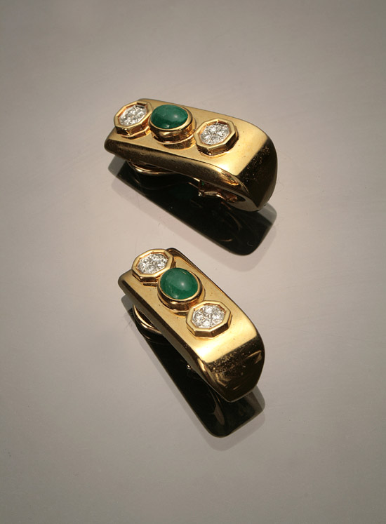 Appraisal: Pair of -Karat Yellow-Gold Diamond and Emerald Ear Clips Each