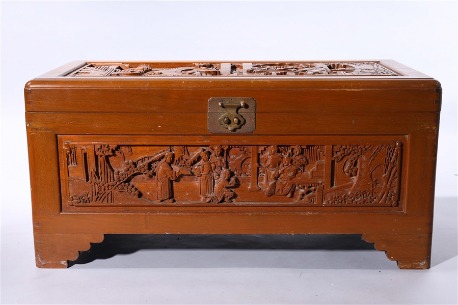 Appraisal: Chinese carved wood chest with hinged lid brass hardware and