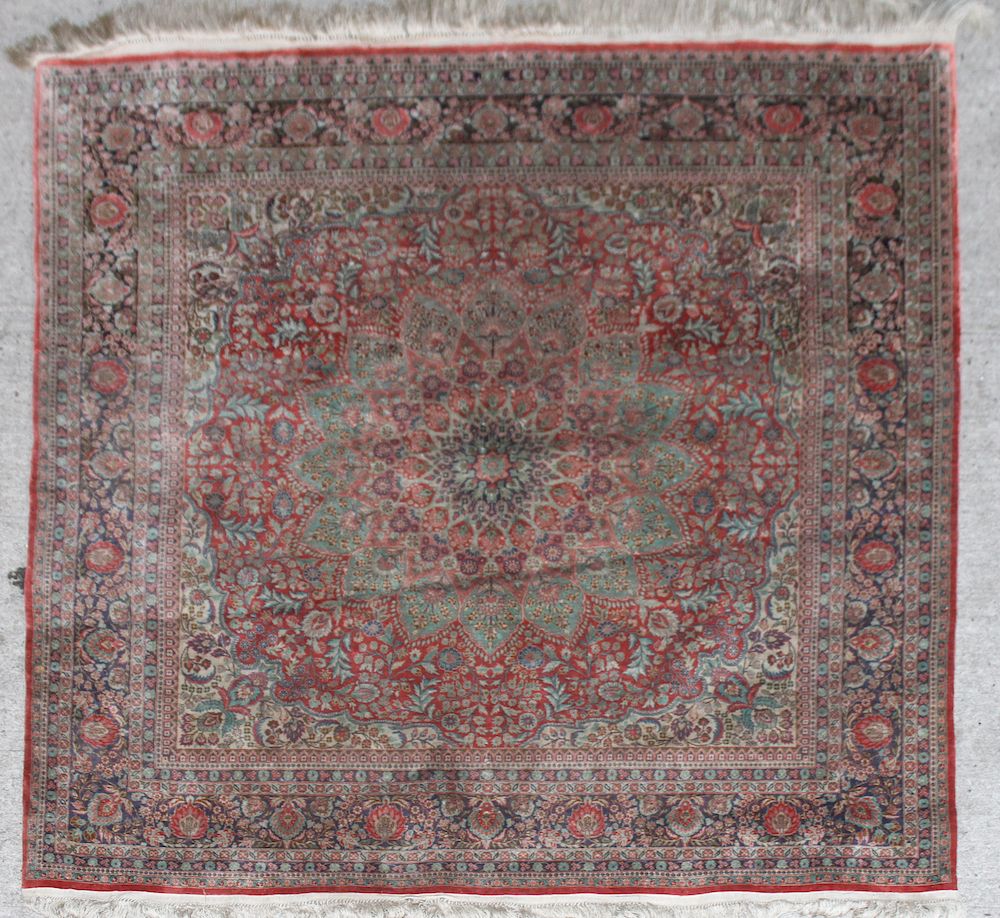 Appraisal: Persian Silk Area Rug w Floral Medallion ' x '