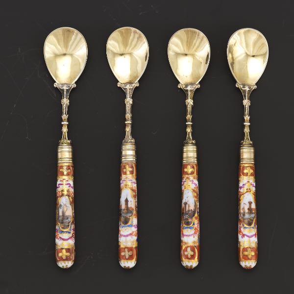 Appraisal: DRESDEN SILVER SPOONS WITH PORCELAIN HANDLES long Four silver spoons