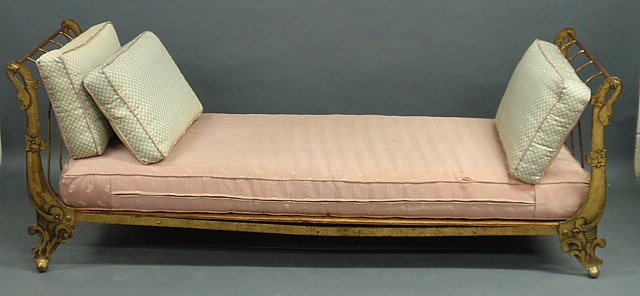 Appraisal: Metal daybed with gilt swan decorated ends h x l