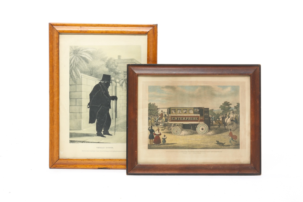 Appraisal: TWO FRAMED PRINTS English Enterprise Steam Car print by W