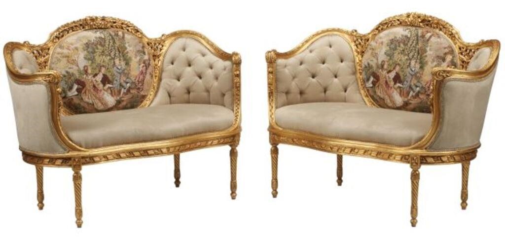 Appraisal: pair Louis XVI style gilt decorated upholstered settees approx h