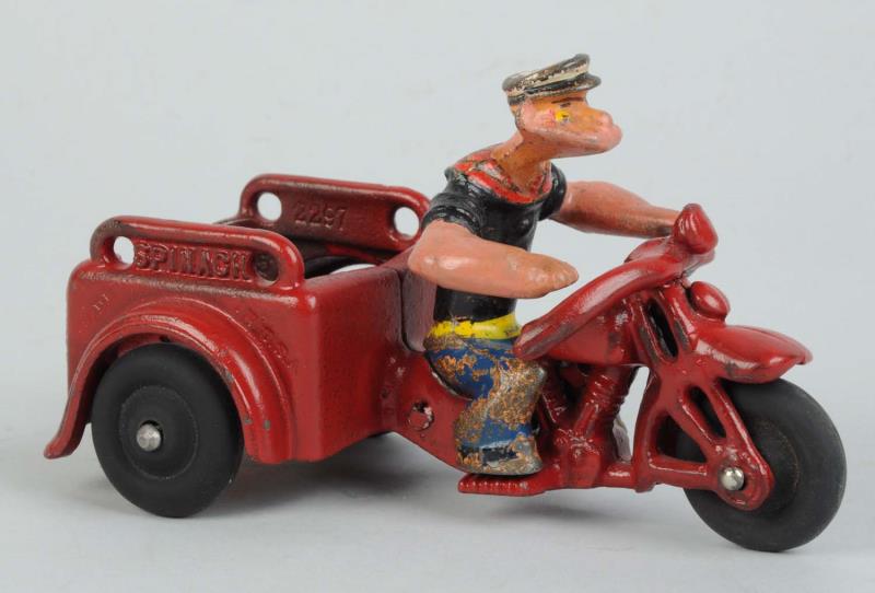 Appraisal: Hubley Popeye Spinach Patrol Motorcycle Toy Three-wheel version Original Popeye