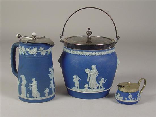 Appraisal: Three Pieces of Blue Wedgwood Jasperware Includes a high biscuit