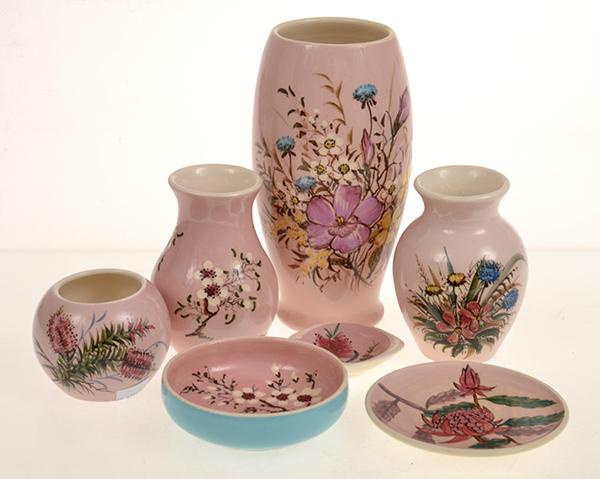 Appraisal: GROUP OF SIX GUY BOYD PINK GROUND FLORAL ITEMS INCL