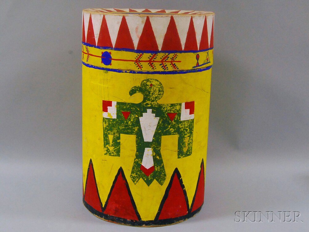 Appraisal: Polychrome Painted Camp Barrel depicting Native American motifs ht dia