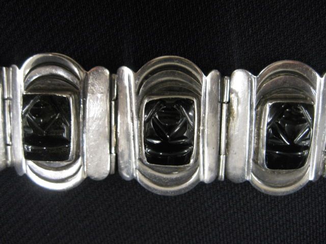 Appraisal: Mexican Sterling Silver Bracelet Aztec designs in carved obsidion