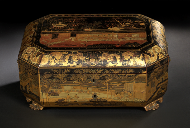 Appraisal: Large Chinese Export Deux-Couleur-Gilded Black Lacquer Oblong Octagonal Jewel Casket